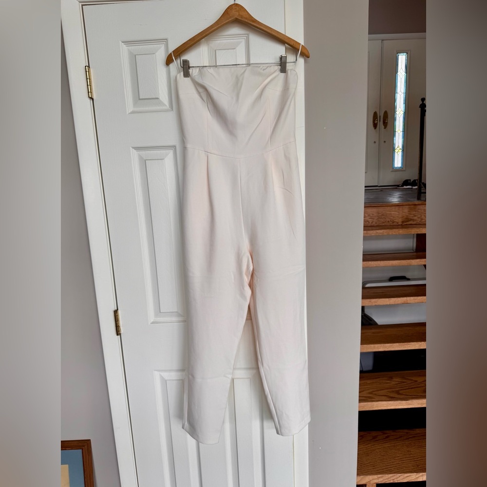 Express Cream Strapless Jumpsuit with Straight-Leg Design